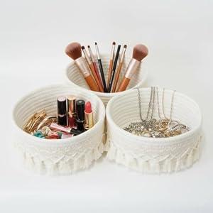 danpinera Small Basket, 3-pack, Woven Cotton Rope Organizers, Cute Mini Tiny Baskets for Nursery, Bathroom,Office, Desktop, Decorative Boho Round Storage Basket, White