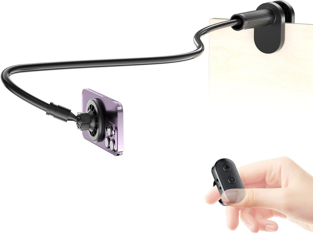 Magnetic Phone Holder for Bed Laying Down with Scrolling Ring Remote Page Turner, Bedside Gooseneck Phone Stand for iPhone Reading, Flexible Mount with Clicker for iPhone/Tiktok/Short Video (Black)