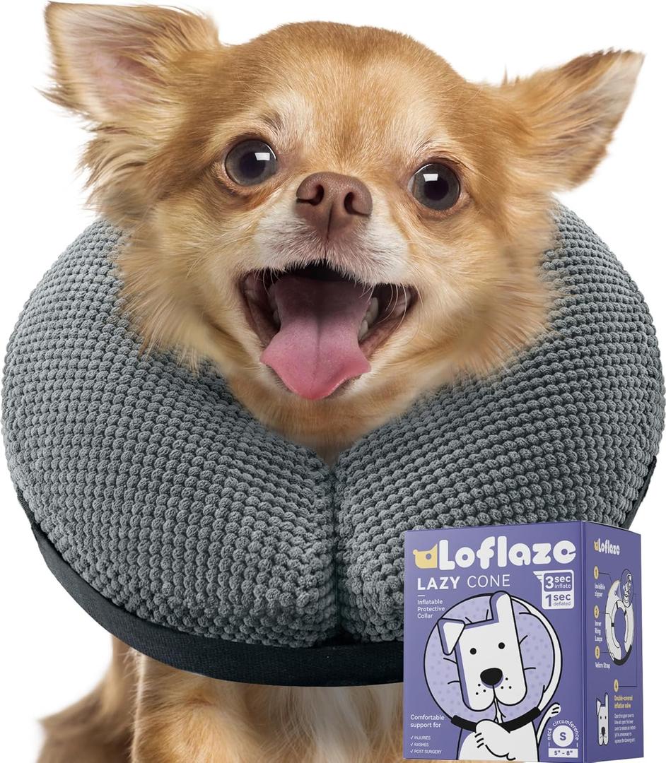 Loflaze Soft Inflatable Dog Cone Collar Alternative After Surgery - Dog Neck Donut E Collar for Small Dogs Cats Post Surgery - Recovery Collar to Stop Licking - Grey, S (Gray)