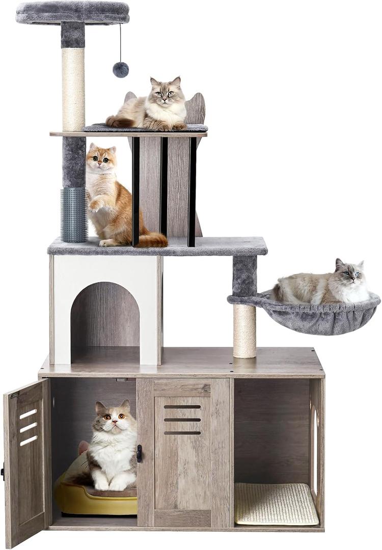 Snughome Cat Tree with Litter Box Enclosure Furniture, 2-in-1 Modern Cat Tower, 58.66 Wood Cat Condo with Scratching Post and Hammock, Indoor Pet Furniture with Large Platform, Grey