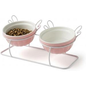 Elevated Tilted Cat Bowls with Metal Stand, Raised Ceramic Food and Water Bowls, Double Removable Dishes with Cute Wing Design, 15 Tilted Anti-Vomiting Pet Feeder, Non-Slip for Indoor Cats (Pink)
