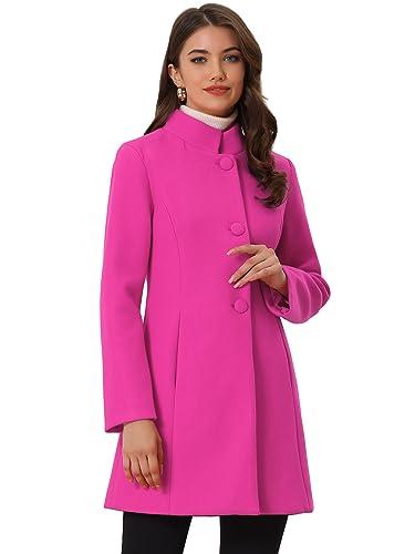 Allegra K Women's Winter Overcoat Mid-Long Stand Collar Single Breasted Coat Outerwear Small Hot Pink, S