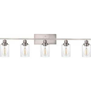 40-Inches Length Bathroom Vanity Lighting Fixtures Over Mirror in Brushed Nickel, 5-Lights Industrial Sconce Wall Lamp with Seeded Glass Shades