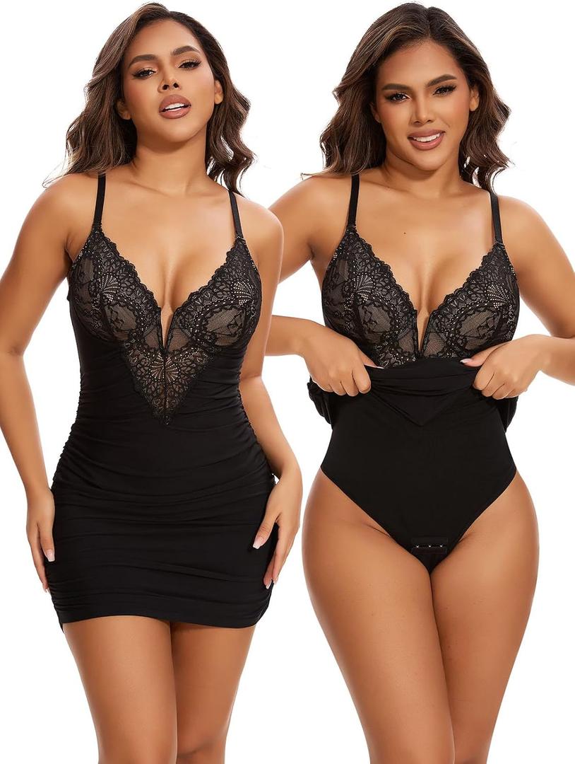 SHAPERIN Shapewear Dress Sexy Deep V Neck Lace Corsets Tops Ruched Bodycon Cocktail Party Mini Dresses for Women (Large, #16-black)