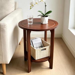 Small Round Side Table, 2-Tier Solid Wood End Table, Mid Century Modern Nightstand for Living Room, Bedroom, Easy Assembly (Walnut), 17"W x 22"H