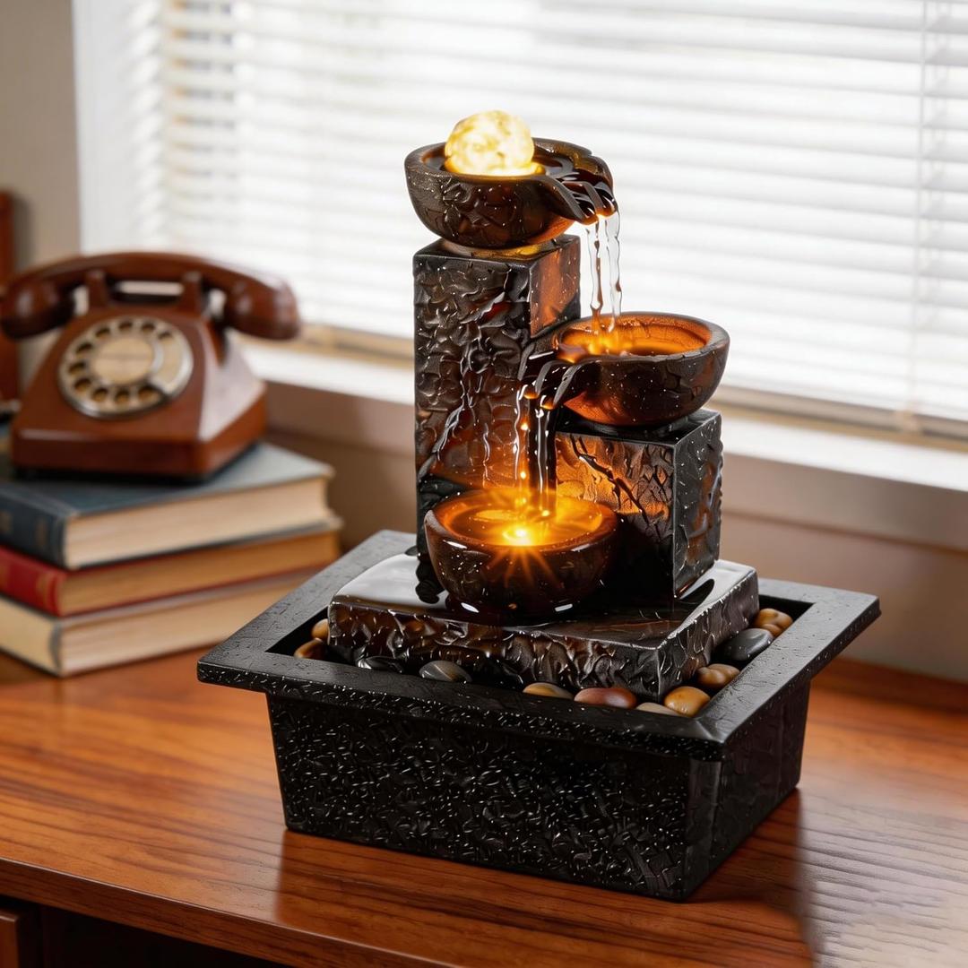 Tolevoit Three Bowls with Rotating Ball Flowing Tabletop Fountain Home Dcor Indoor Decor Waterfall Sound Zen Mini Fountain Warm Led Light Pebbles Stone(23114)