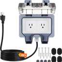 Kanayu Outdoor Outlet Box with 15ft Extension Cord, Dual 15 AMP 5-15 Receptacles Weatherproof Waterproof IP66 Outdoor Exterior Socket with Cover, 14 AWG/3C SJTW Cord