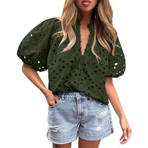 BETTE BOUTIK Women's Long Short Sleeve Tops 2025 Dressy Casual Button Hollow Out Lace Embroidered Blouses Shirts (Green, XXL)