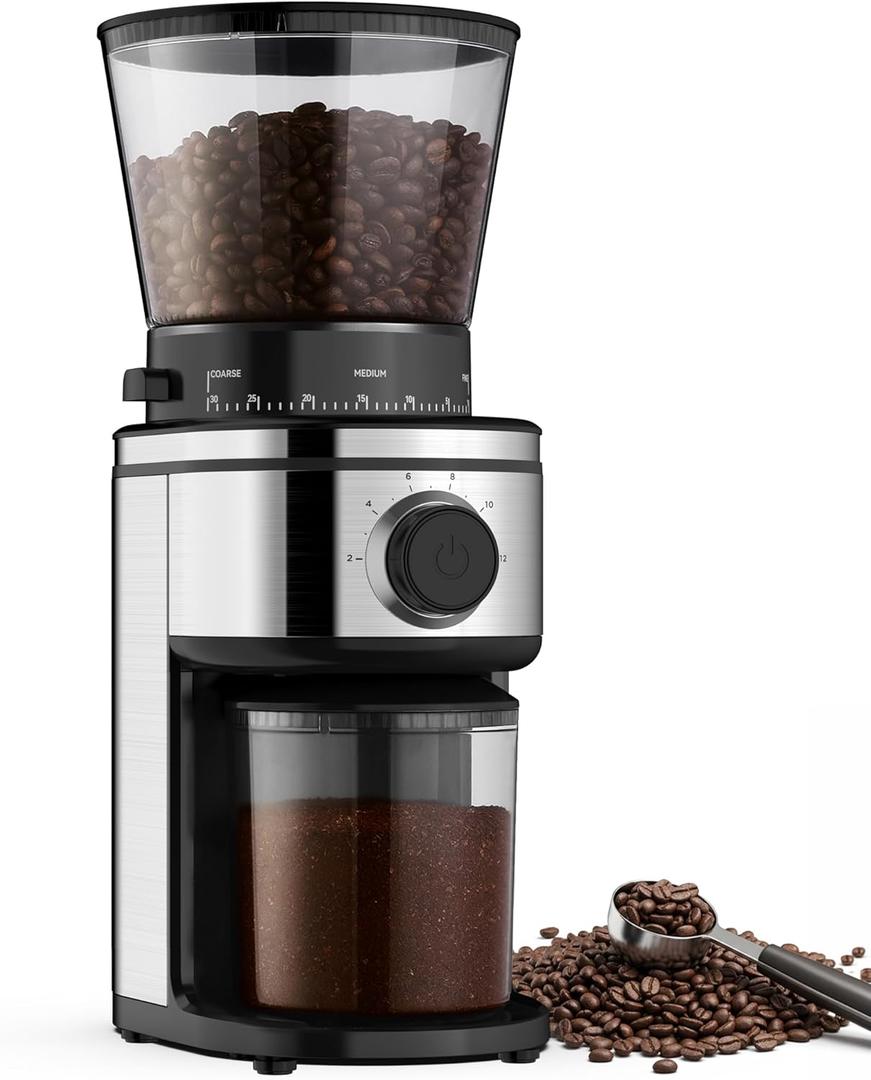 AYCHIRO Conical Burr Coffee Grinder Electric, Coffee Grinder with 30 Grind Settings, Adjustable Burr Mill Grinder for Home Use, 2-12 Cups for Espresso, Pour Over & French Press (Shiny silver & Black)