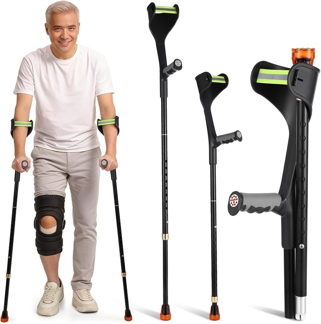 2 PCS Forearm Crutches for Adults, Folding Lightweight 10-Level Adjustable Aluminum Alloy Walking Crutches with Comfortable Grips & Cuffs, Reflective Safety, Anti-Slip Foot Pad, 330 LBS