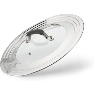 Universal Pans Pots Lid Cover Fit All 8.25 Inch to 12 Inch Pots/Pans/Woks Stainless Steel and Glass Lid with Heat Resistant Knob, Black (Arc-shaped Handle)