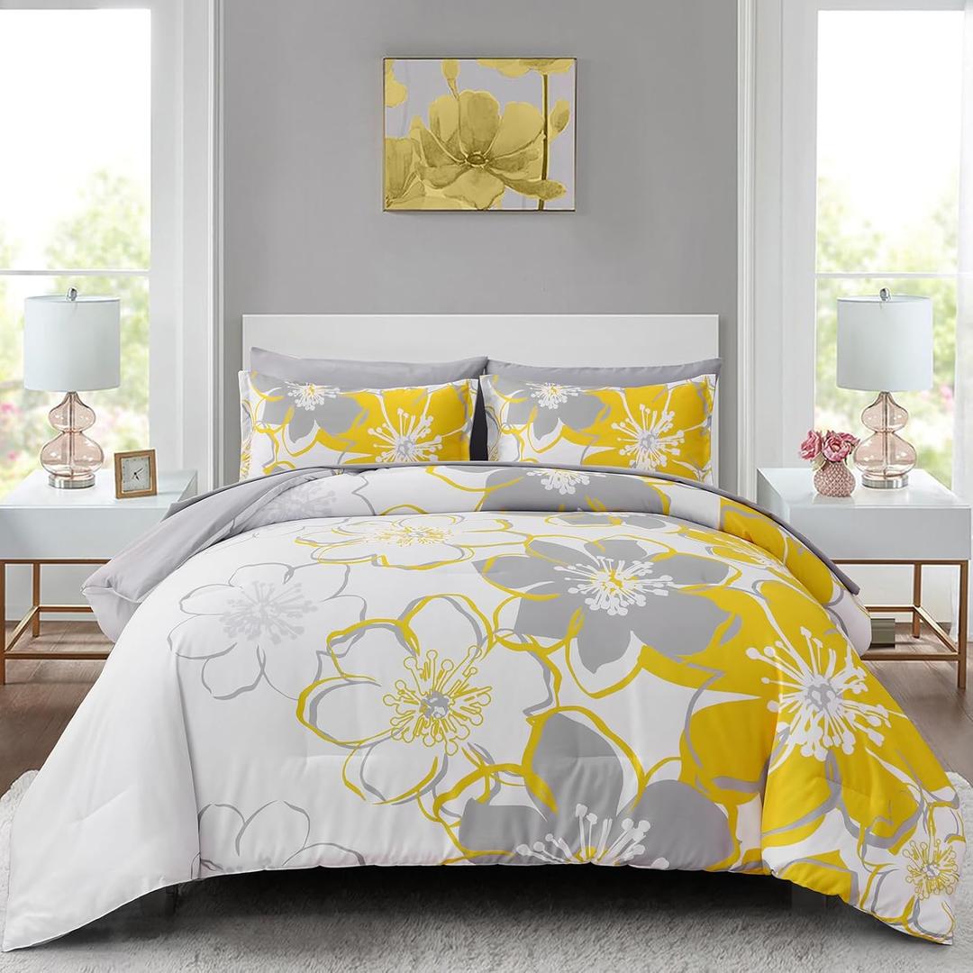 Anibedding 7 Pieces Yellow Floral Comforter Set Queen Size, Reversible Bed in a Bag with Sheets Set All Season, Soft Microfiber Flower Pattern Complete Duvet Bedding Set (Queen, 104"x90")