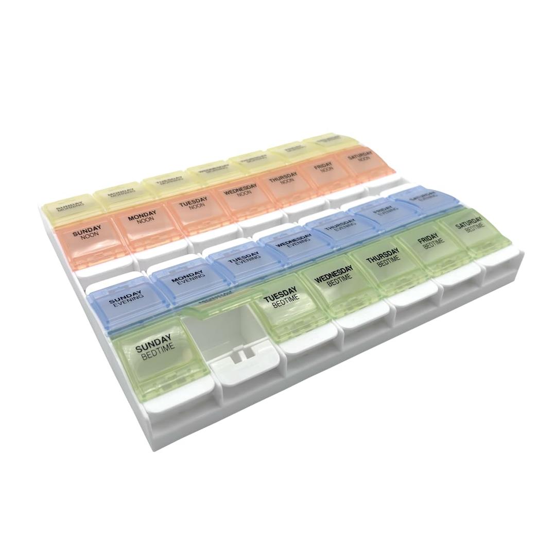 EZY DOSE Weekly (7-Day) Pill Organizer, Vitamin Container, and Daily Medicine Planner, 2X-Large Push Button Compartments, Arthritis Friendly, Easy to Use, 4 Times a Day, Pastel Rainbow Lids, BPA Free