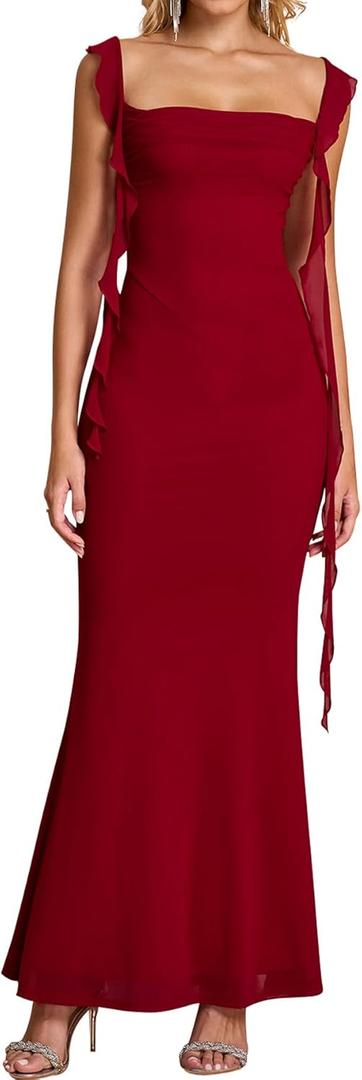 KUTUMAI Elegant Long Formal Wedding Guest Dresses for Women 2026 Ruffle Bodycon Cocktail Party Maxi Dress (Large, Wine)