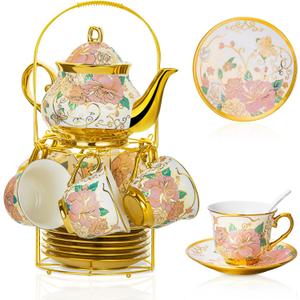 20 Pieces European Ceramic Tea Set for Adults With Metal Holder and Flower Painting (Large Cream Version)