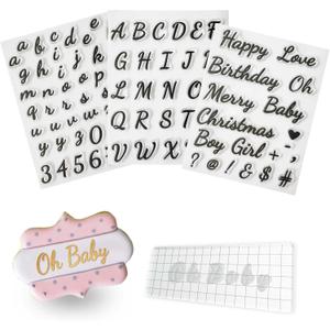 4PCS Alphabet Cake Stamps Tool for Fondant Cookie Biscuit, Pretty Handwriting Food Grade Fondant Letter Stamp Uppercase Lowercase Numbers Words Reusable Cookie Stamp for Christmas Party