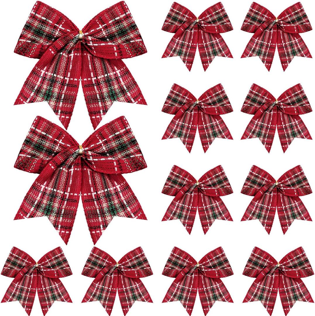 Jetec 12 Pcs Christmas Buffalo Plaid Bows Decorations 6 Inch Christmas Check Plaid Bows Tie Bows Wreaths Ornaments for Xmas Tree Garland DIY Crafts Home Indoor Outdoor Decor (Red, Green Plaid)