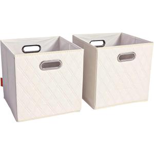 11 inch Beige Foldable Diamond Patterned Faux Leather Storage Cube Bins Set of Two with Handles for living room, bedroom and office storage