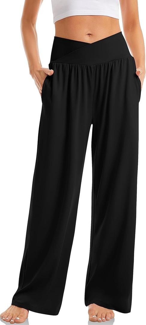 TARSE Women's Wide Leg Casual Loose Pants Yoga Sweatpants Comfy Crossover High Waisted Lounge Pajama Flowy Pants with Pockets (Black, M)