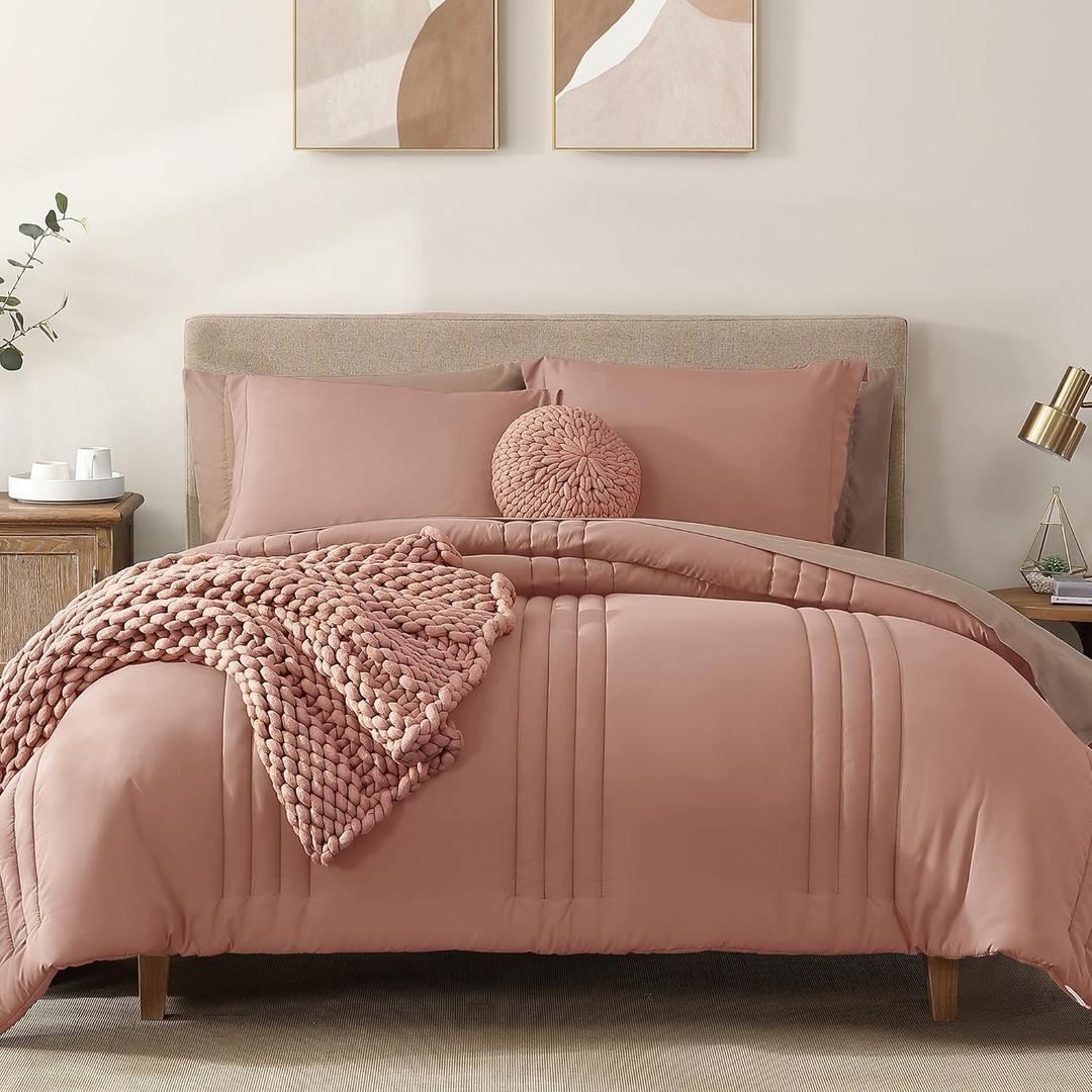 Monbix Queen Comforter Set - 7 Pieces Clay Pink Bed in a Bag Queen Bedding Sets with Comforters, All Seasons Comforter Bed Set with Sheets, Pillowcases & Shams (Queen(90"X90"))