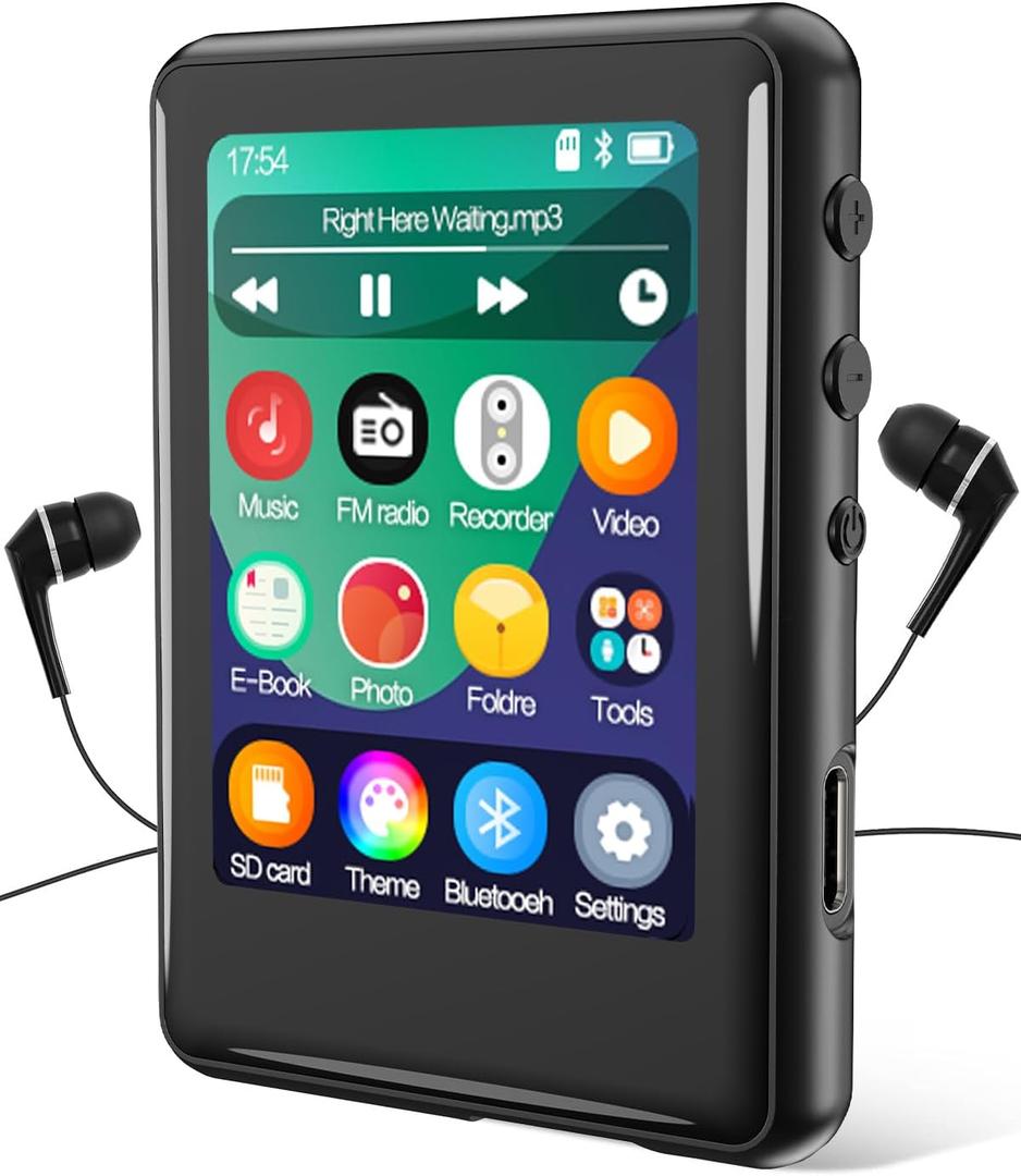 MP3 Player with Bluetooth 5.3,Tokemisc 16GB Full Touchscreen Kids Portable Music Device with Speaker,FM Radio,E-Book,Built-in Micro SD Card Slot,Earphones Included,Max 256GB Expand (Black)