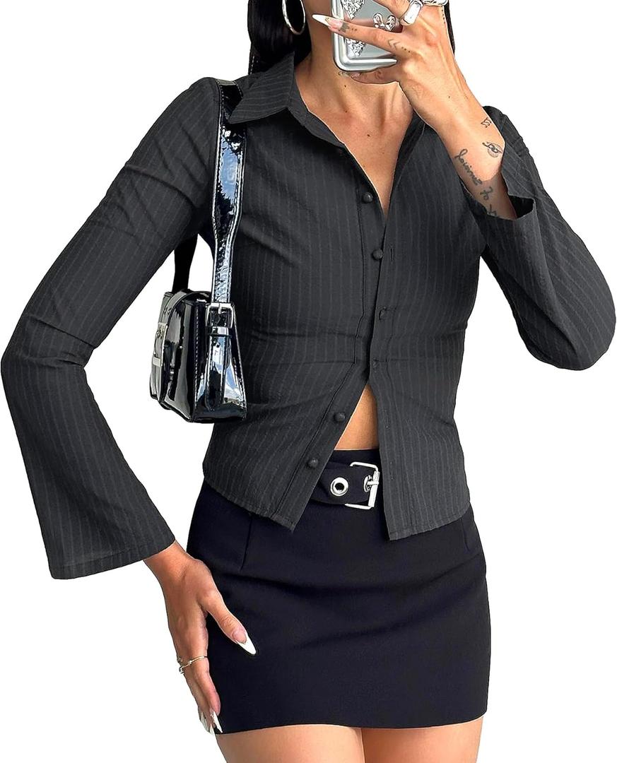 Women Striped Fitted Button Down Shirts Bell Long Sleeve Shirt Office Work Blouse Tops (Small, Dark Grey)