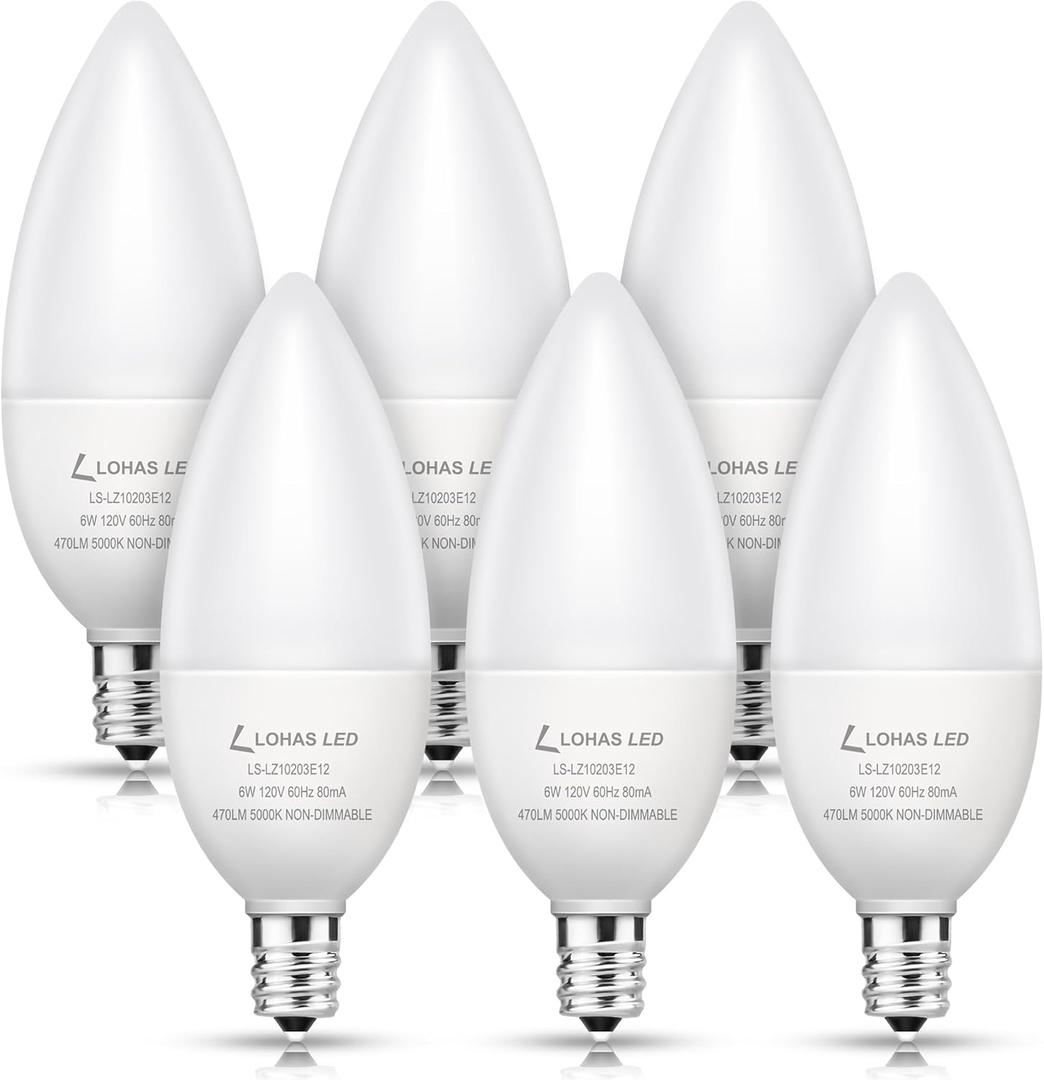 LOHAS E12 LED Candelabra Light Bulbs 60 Watt Equivalent, B10 Chandelier Candle Bulbs 5000K Daylight White, 6W Type B Ceiling Fan Bulbs 470LM, Non-Dimmable, 6 Packs LOHAS E12 LED Candelabra Light Bulbs 60 Watt Equivalent, B10 Chandelier Candle Bulbs 5000K Daylight White, 6W Type B Ceiling Fan Bulbs 470LM, Non-Dimmable, 6 Packs