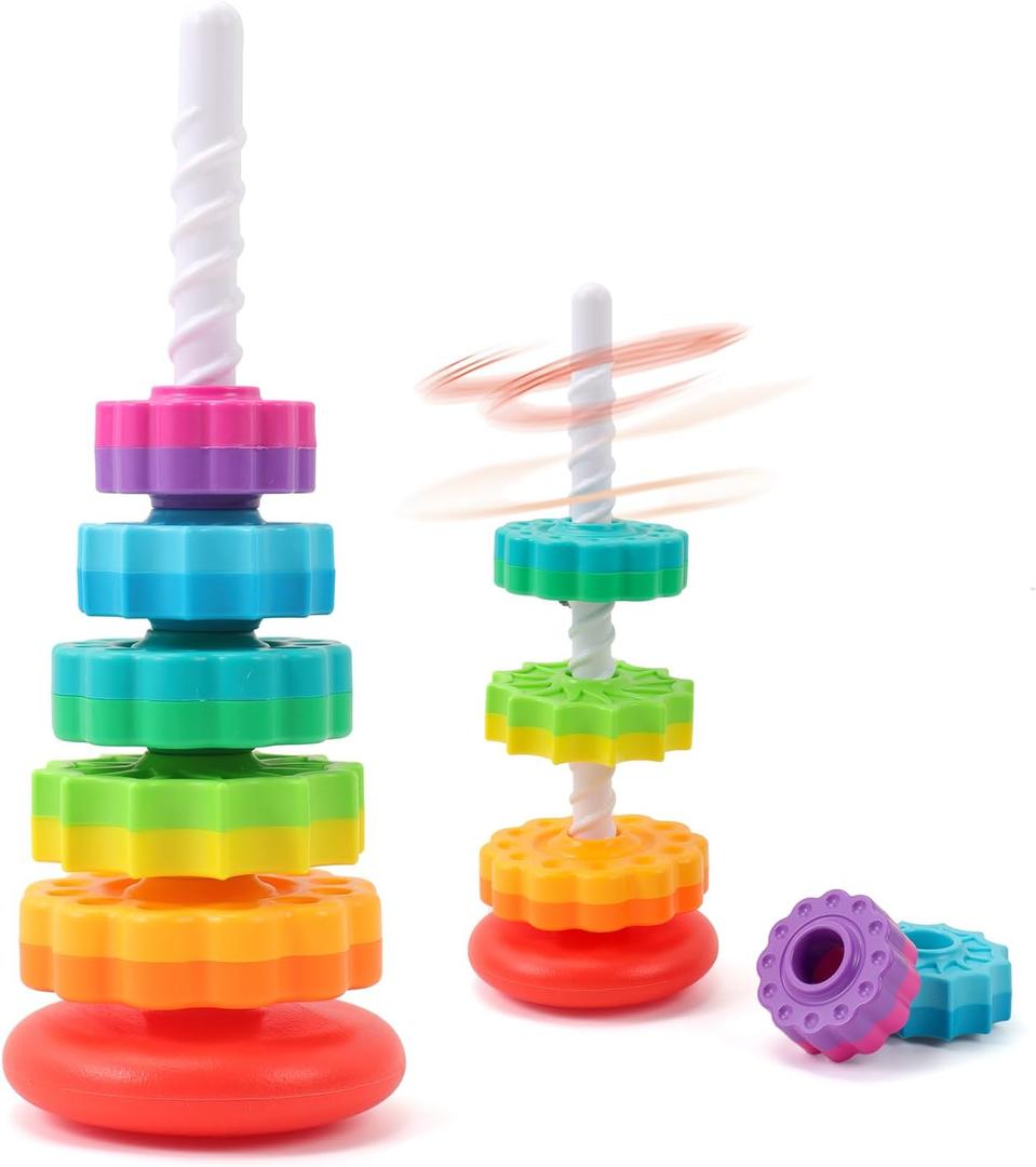 Riuja Baby Spinning Stacking Toys, 1-3 Rainbow Ring Stacker Montessori Toys for Babies, Sensory Toys for Toddlers, Christmas and Birthday Gifts Suitable for Boys and Girls (14 inches)