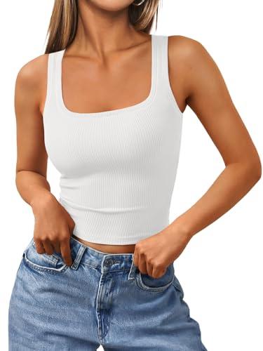 Trendy Queen Women's Summer Square Neck Tank Tops Workout Cropped Ribbed Summer Camisole Sleeveless Clothes 2026 White XL