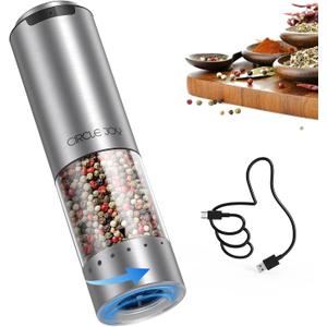 CIRCLE JOY Electric Pepper Grinder Stainless Steel Rechargeable Pepper Mill with External Adjustable Coarseness, 95ml Container and White LED Light, Silver