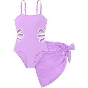 Arssm Girls One Piece Swimsuits Cut Out Bathing Suit with Cover Up Skirt Swimwear 8-14Y