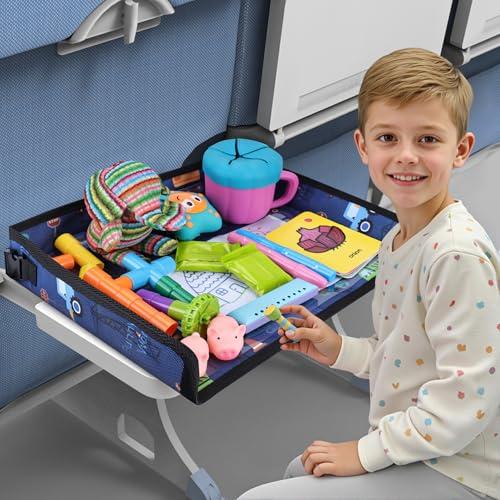 Kids Tray Table Cover, Airplane Tray Cover with Pockets, Airplane Travel Essentials for Kids, Portable Airplane Must Haves for Toddler on Plane or Train and Flying Supplies (Dark Blue)