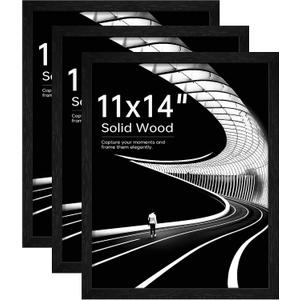 11x14 Solid Wood Picture Frame, Black Wood Grain, Set of 3 | Fits 11x14 Photos, Clear Shatterproof Cover, Black Backboard, Horizontal or Vertical Wall Hanging, Tabletop Display, Modern