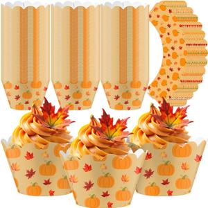 Domensi 100 Pcs Fall Pumpkin Maple Leaf Cupcake Wrappers Rustic Cupcake Thanksgiving Baking Cups for Autumn Wedding Bridal Baby Shower Birthday Party Supplies Dessert Decoration (Orange)