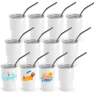 Joyclub 3 oz Mini Tumbler Shot Glass with Straw and Lid 12 Pack White Mini Cup Stainless Steel Sublimation Shot Tumblers for Wedding Party Whiskey Favors