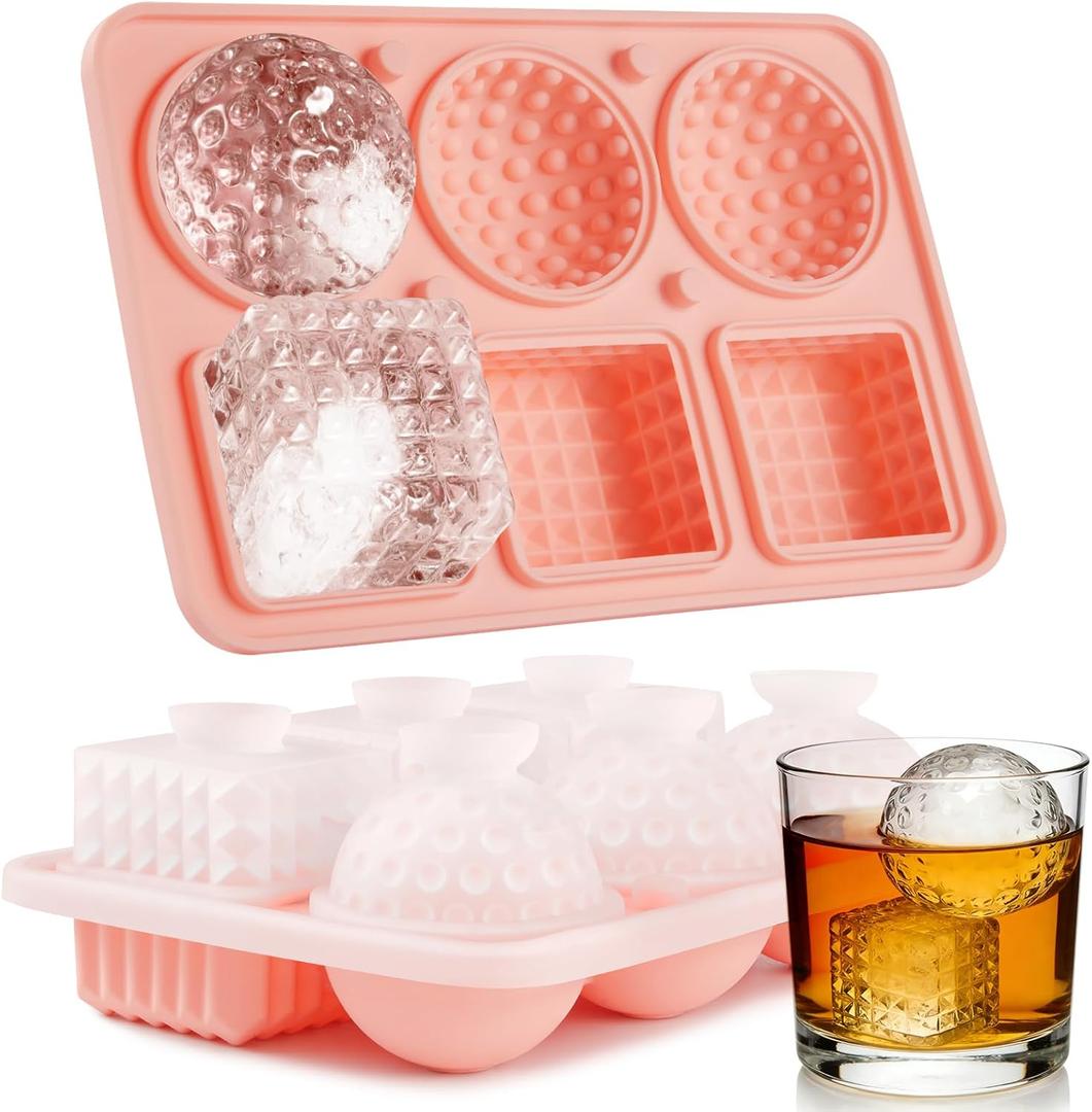 Acomler Ice Cube Molds Tray, 3 Big Crystal Square Cubes & 3 Round Sphere Golf Ice Ball Makers, Large Silicone Whiskey Ice Mold, Fun Shape Ice Trays with Funnel for Whiskey, Cocktails, Bourbon (Pink)