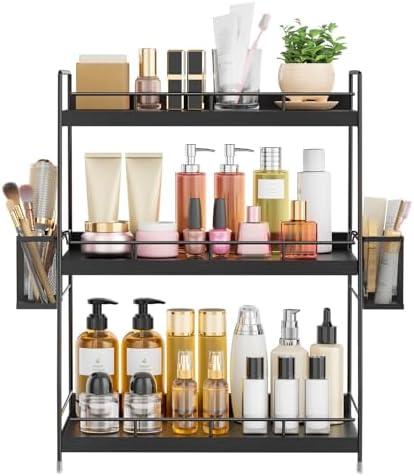 Bathroom Counter Organizer,Bathroom Countertop Organizer with Baskets,Vanity Organizers,Counter Shelf,Countertop Storage, Makeup Organizers(Black)