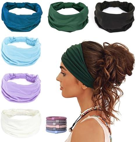 GiLi 4 Pack Wide Headbands for Women Non Slip Soft Elastic Hair Bands Yoga Running Sports Workout Gym Head Wraps, Knotted Cotton Cloth African Turbans Bandana (with 3 Pcs Hair Ties)