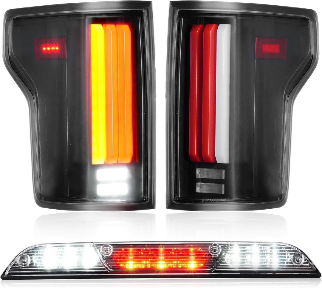 LED Tail Light Assembly + 3rd Third Brake Cargo Lamp Fit for 2015-2020 Ford F-150 F150 [Only Fit Incandescent Type] Rear Taillight, High Mount Stop Light, Black Housing Clear Lens, 3 Pcs
