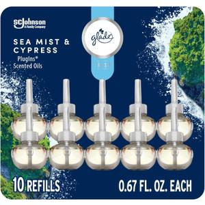 Glade PlugIns Refills Air Freshener, Sea Mist & Cypress, Scented and Essential Oils for Home and Bathroom, 0.67 Fl Oz, 10 Count