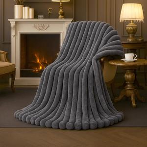 Amélie Home Faux Fur Throw Blanket for Couch, Cozy Fuzzy Fluffy Fur Luxurious Soft Striped Plush Gift Blankets for Family Sofa Chair Bedroom, 55"x70", Charcoal Grey
