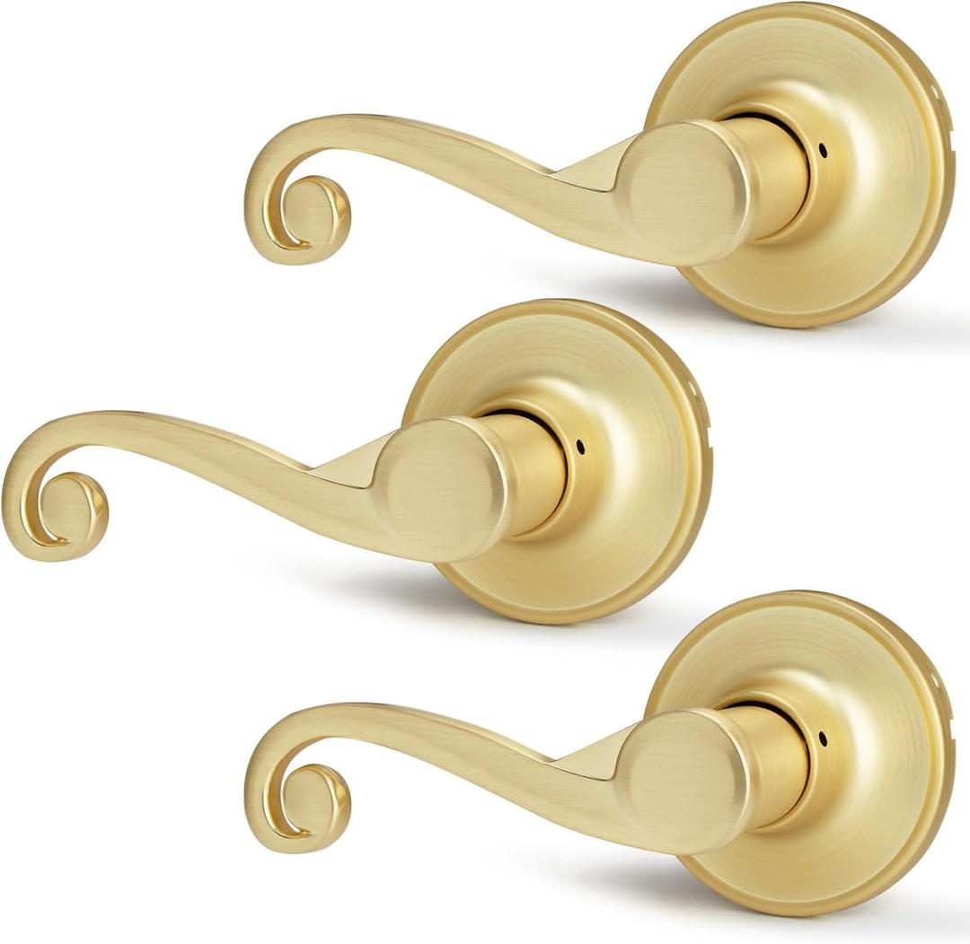 Satin Brass Door Knobs 3 Pack, Interior Dummy Door Handles for Left Side Door, Wave Door Levers for Closet/Pantry, Gold Door Knobs Without Key or Lock