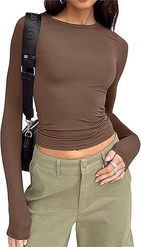 Women's Long Sleeve Shirts Slim Fit Going Out Crop Tops Casual Solid Color Crew Neck Tee Tight Streetwear M