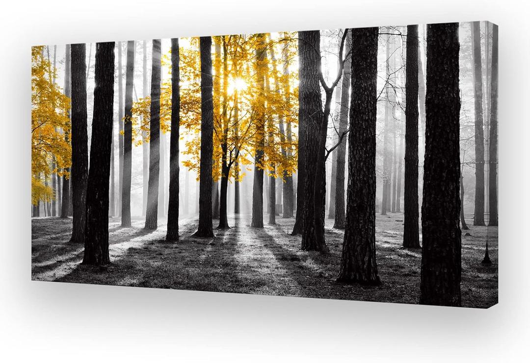 Cao Gen Decor Art S06362 Wall Art Canvas Painting Yellow Tree in Black and White Sunshine Foggy Forest Picture Poster Print Framed Ready to Hang for Living Room Bedroom Office Home Decor (48"L x 24"W)