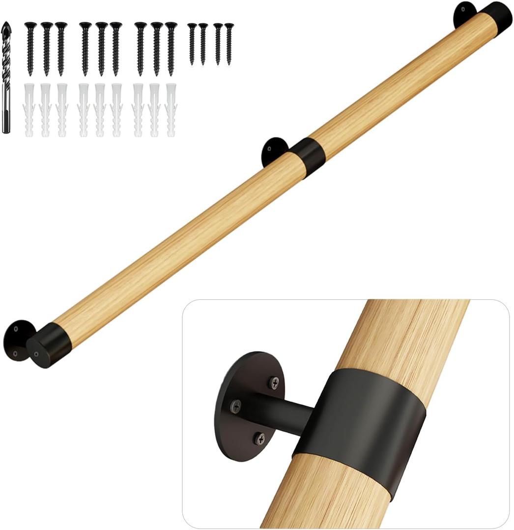 7FT Wooden Stair Handrails,Indoor Outdoor Hand Railings, Sturdy Wall Mount Support,Non-Slip Safety Handrail for Elderly, Children, and People with Physical Limitations