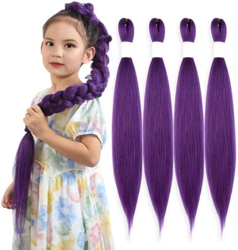 Purple Braiding Hair 20 Inch Pre Stretched Hair Long Straight Crochet Braids Yaki Texture Synthetic Fiber 4 Packs (Light Purple)