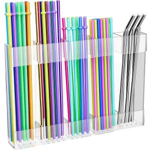 2 x Straw Holder for Cabinet Door, Acrylic Tumbler Straw Organizer Dispenser with Drainage Holes, Large Storage Container Accessories with Adhesive for Counter Cupboard Door Mounted, Clear