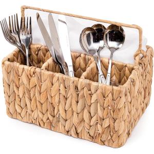 KOLWOVEN Wicker Utensil Caddy Carrier, Wicker Flatware Organizer, Hand Woven Water Hyacinth Cutlery Holder for Countertop with Handle