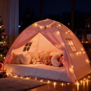 Sumbababy Toddler Bed Tent Canopy: Lights & Flags Indoor Floor Kids Play Tent Playhouse - Portable & Foldable Twin Bunk Bed Curtains - Twin Bed Tent for Girls Gifts (Pink)