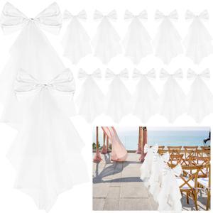 12 Pack Wedding Aisle Decoration for Pews White Large Bows for Decor Tulle Rhinestones Satin Bow for Wedding Reception, Banquet, Church Bench, Bridal Shower, Outdoor Lawn Ceremony, Party Decoration